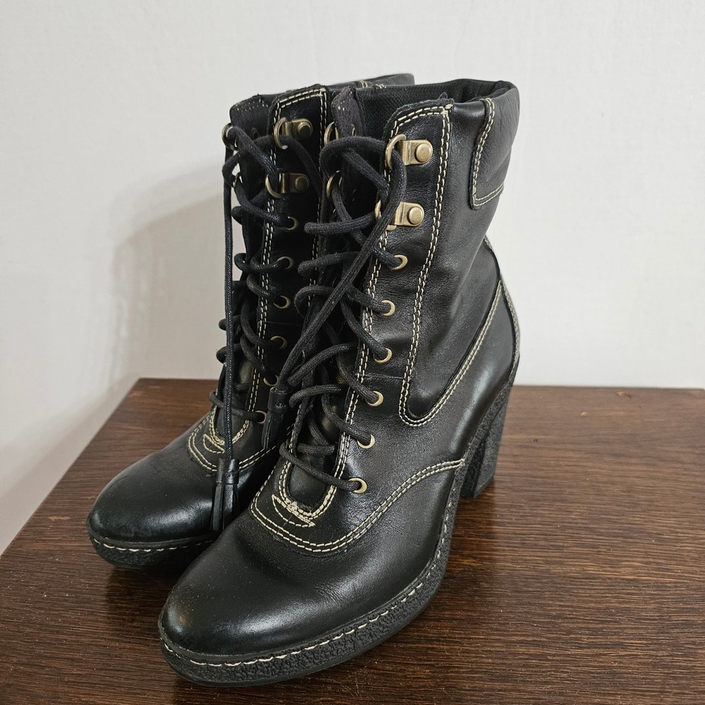 Timberland Womens Black Leather Lace Up Block Heel Ankle Boots 63647 Size 6M